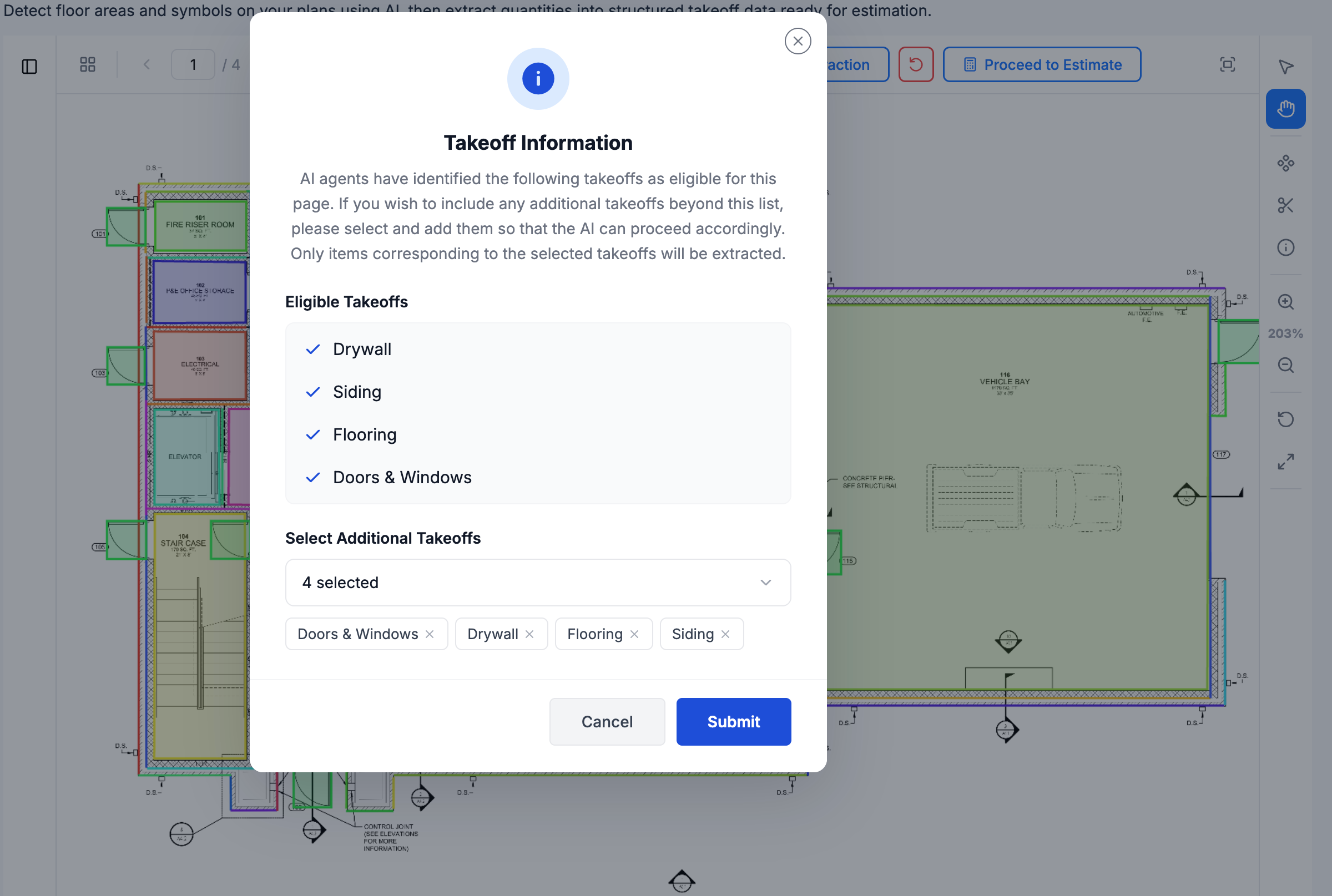 AI Extraction — confirm eligible takeoffs before the agents run