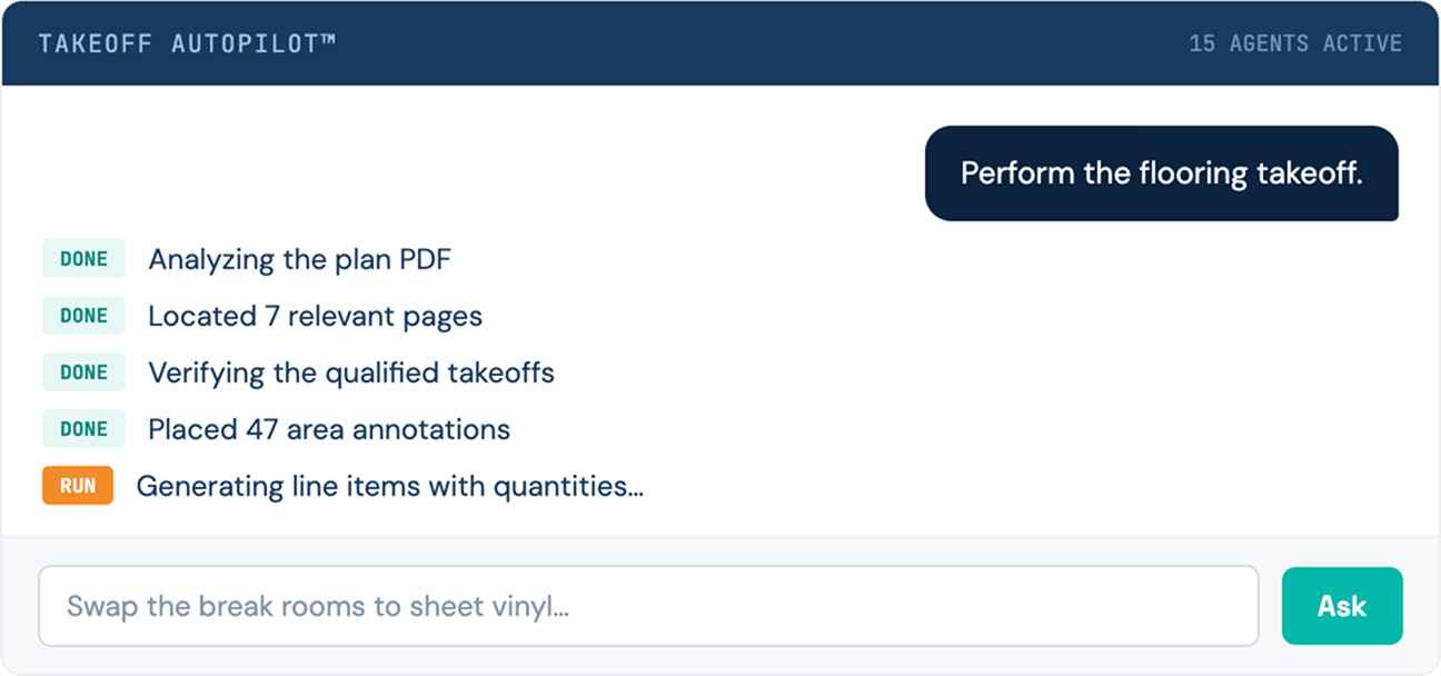 Takeoff Autopilot — natural-language takeoff request handled end to end by specialized AI agents