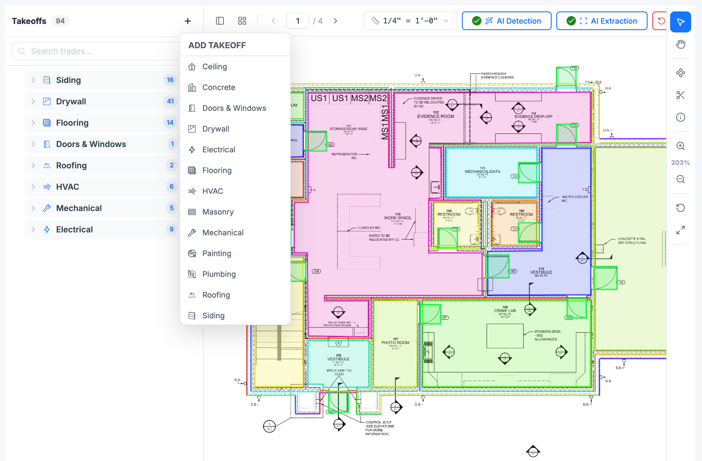 Takeoff Dashboard — AI-identified scope of work grouped into color-coded work categories