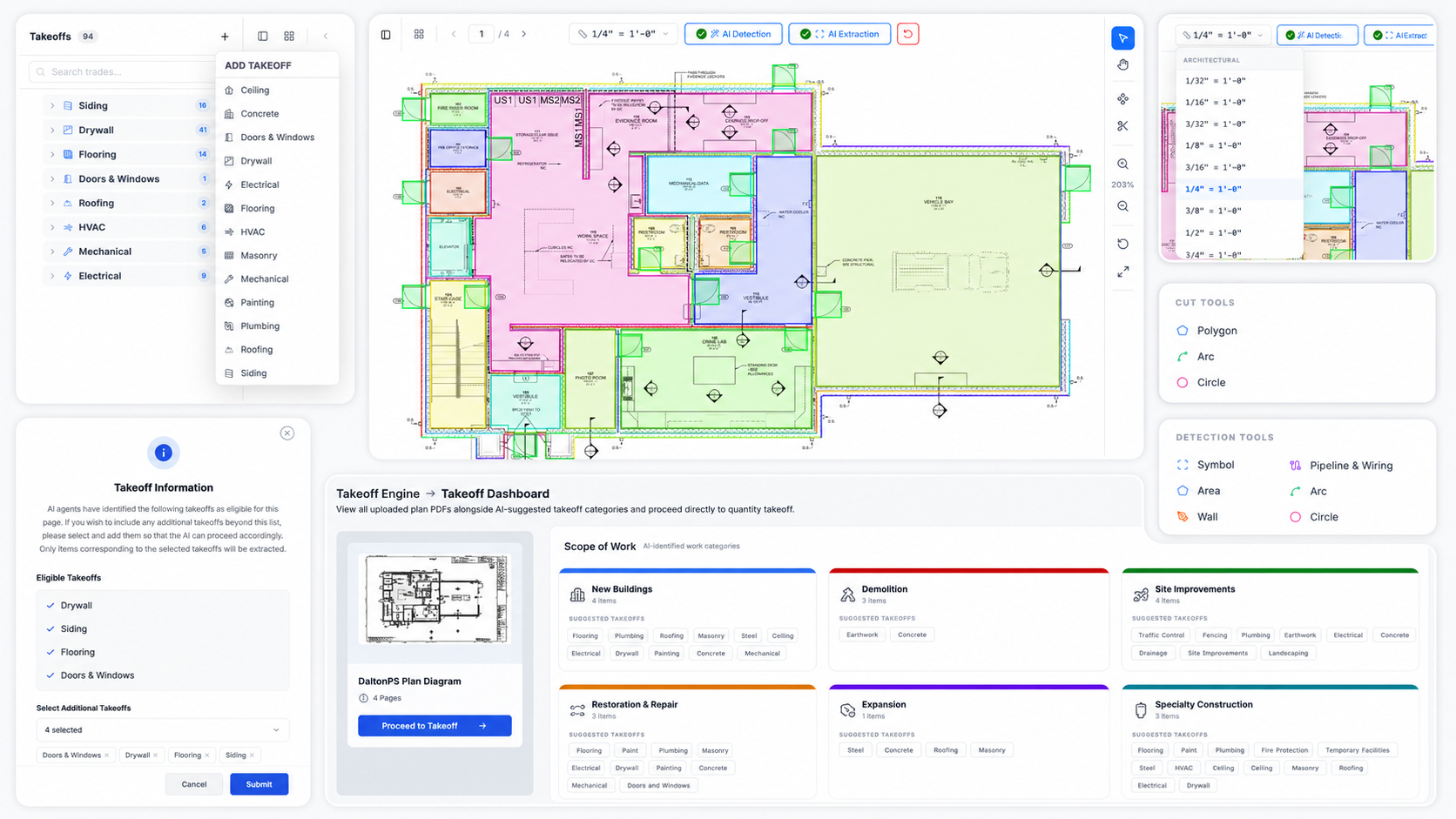 Takeoff Engine workspace — detected areas, symbols, and the takeoff dashboard