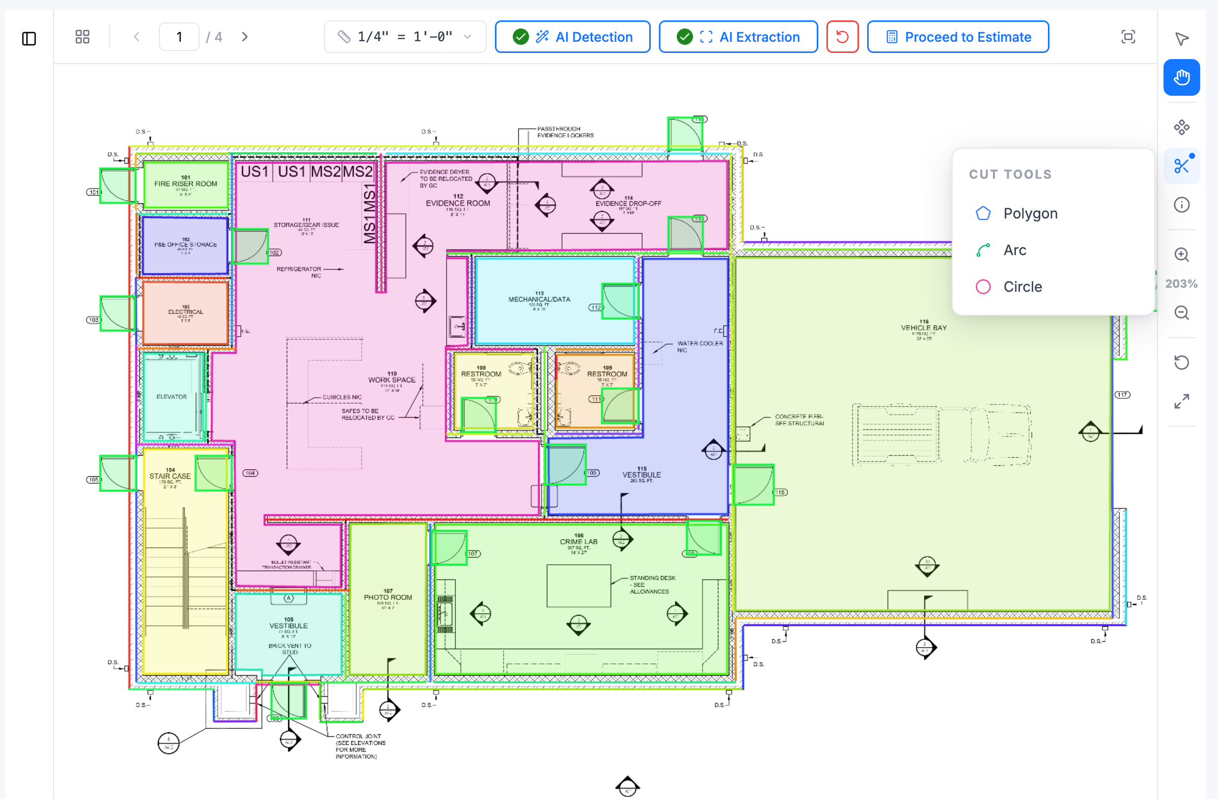 Cut tools — Polygon, Arc, and Circle cuts subtracting openings from a detected area