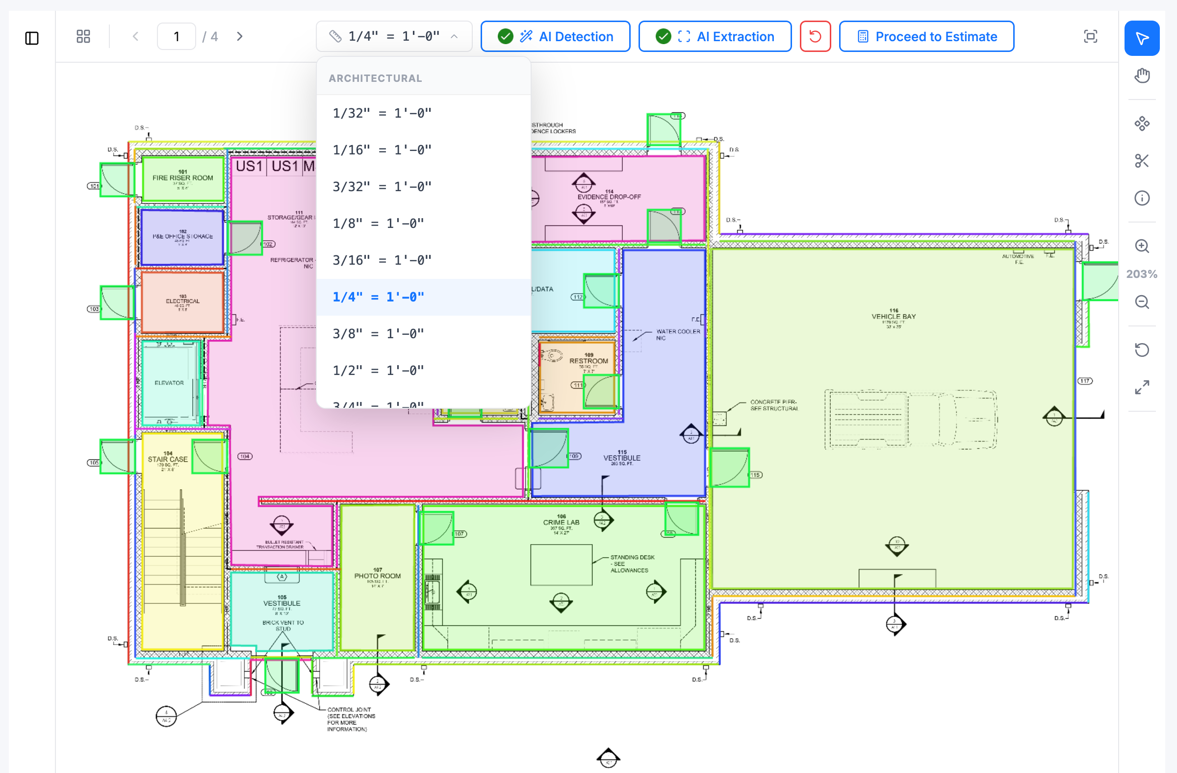 Set the scale — architectural scale list and known-dimension calibration