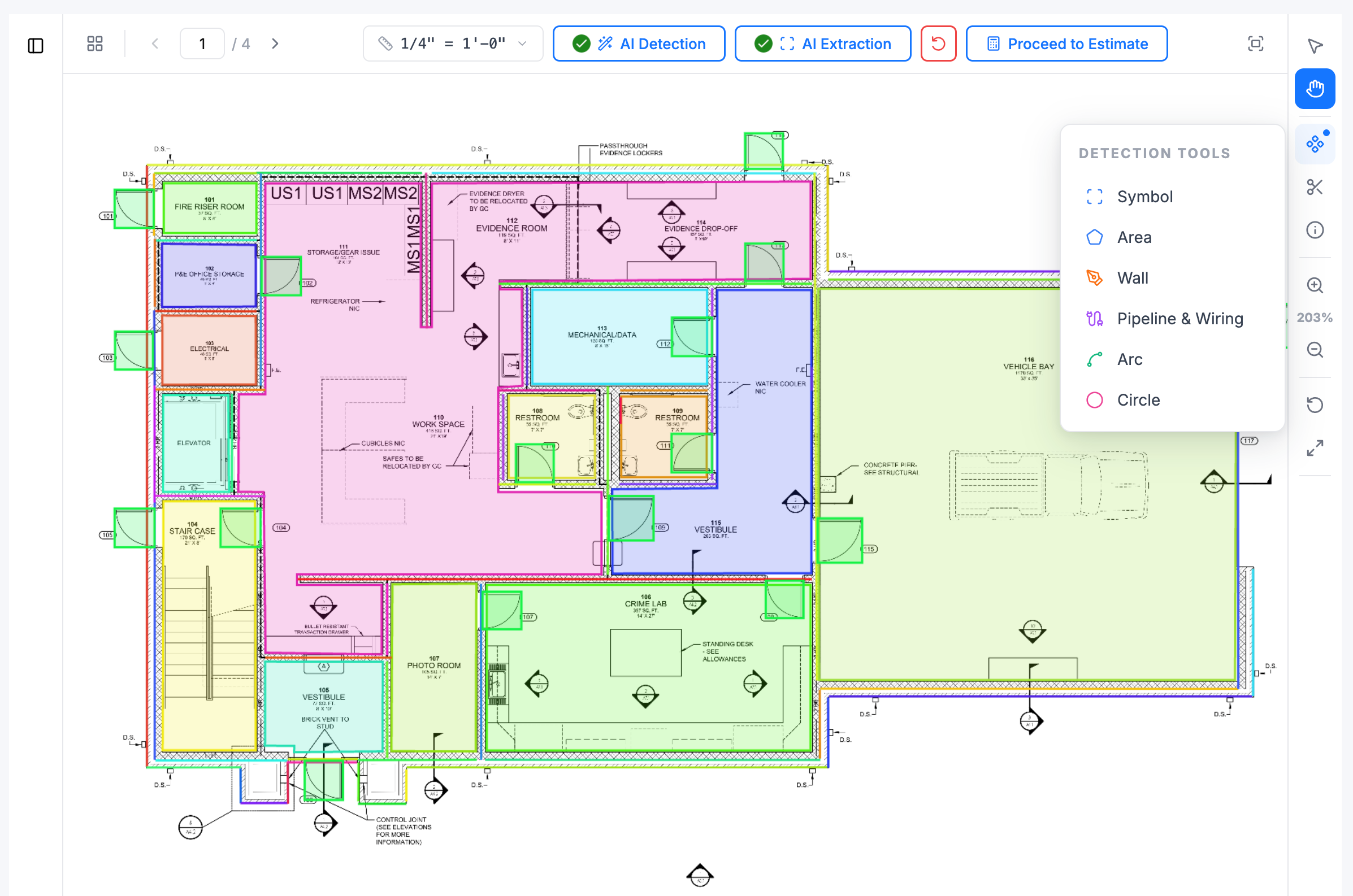 AI Detection — symbols, areas, walls, and runs outlined across the sheet